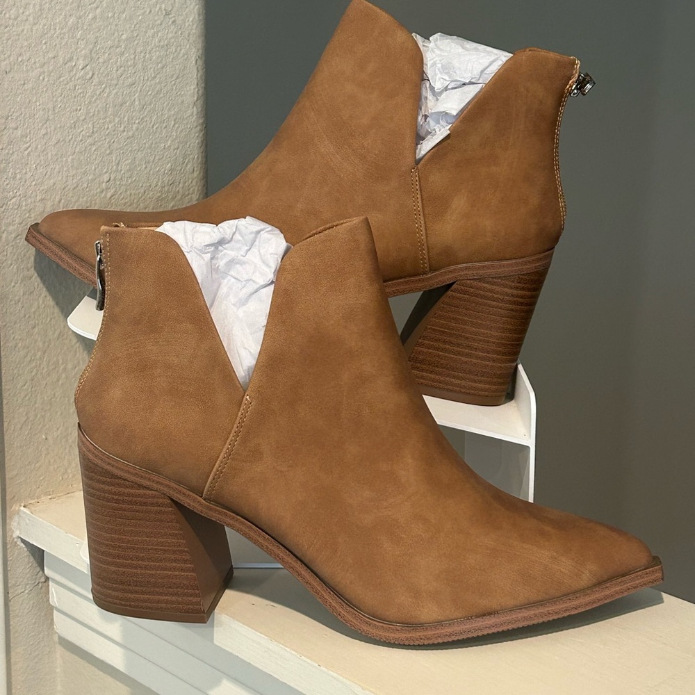 FISACE Womens Pointed Toe Stacked Mid Heel Ankle Boots V Cut Back Zipper Size 11